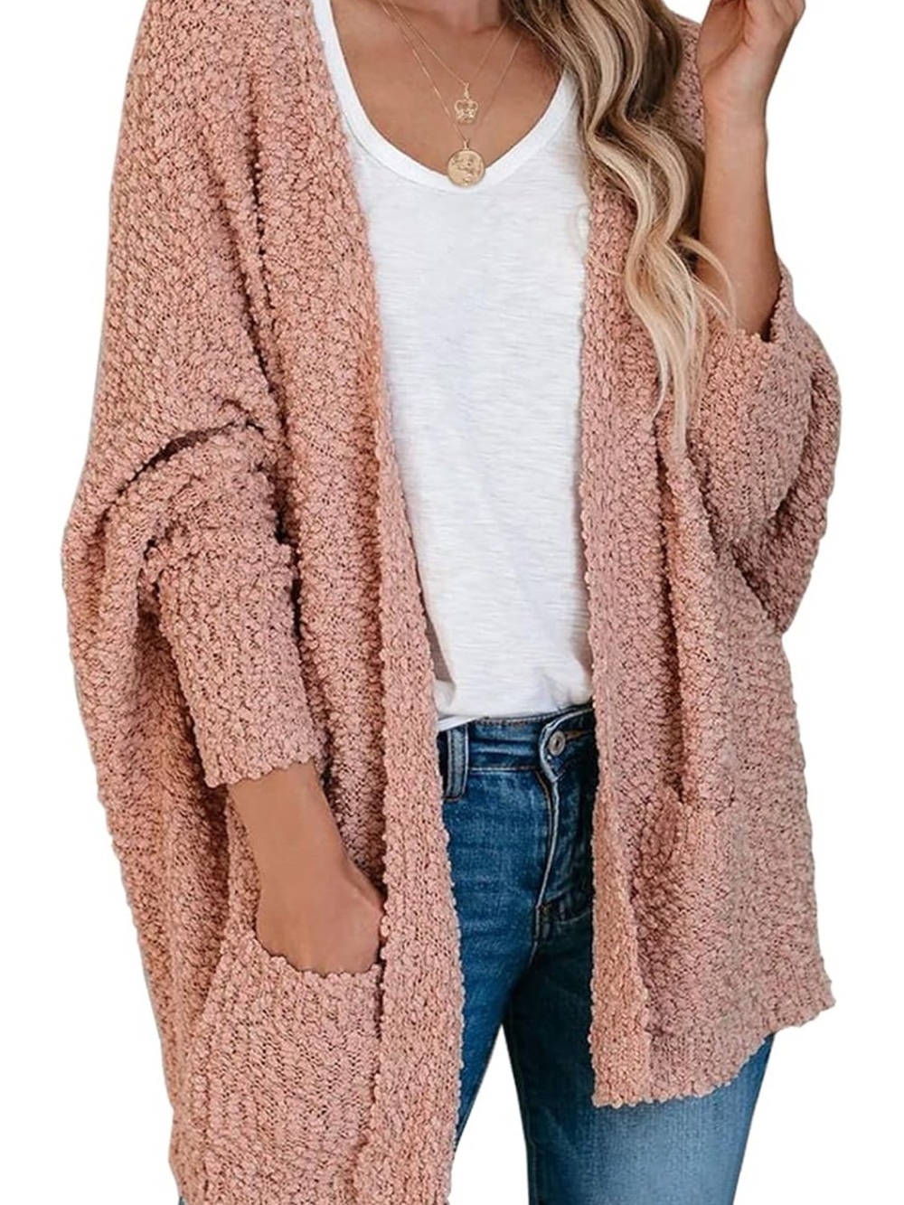 Amazon Popcorn Knit Open-Front Cardigan - Dusty Rose